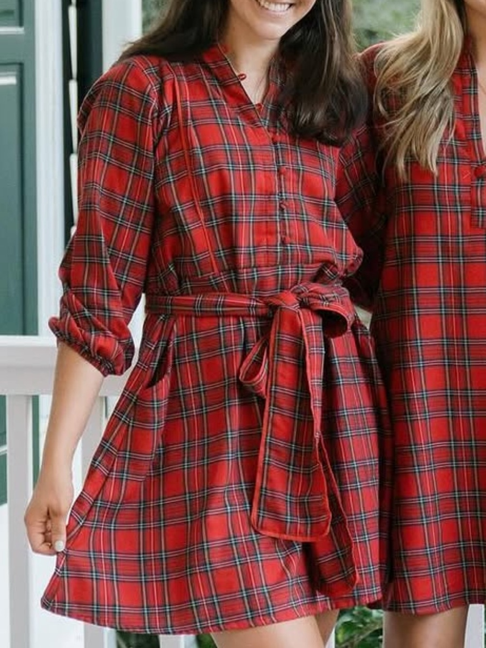 Victoria Dunn Red Plaid Tie-Waist Shirt Mini Dress